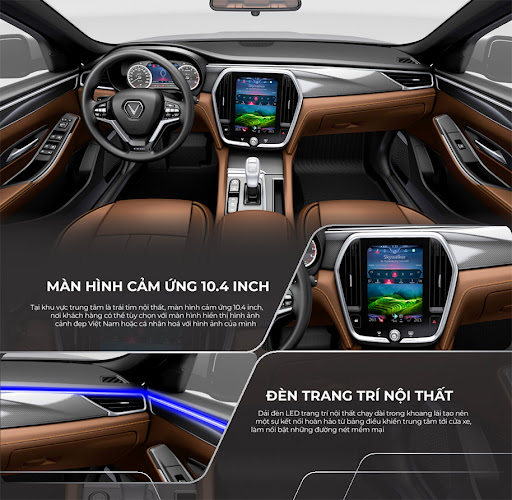 Nội thất xe VinFast Lux A 2.0 cao cấp trang bị màn hình cảm ứng hiện đại, hình ảnh sắc nét